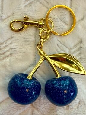 Gold Blue Sparkle Cherry Keychain Purse Charm